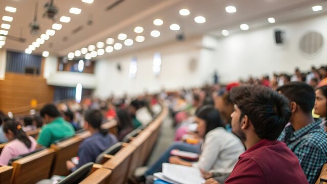 Blurred college auditorium filled with Indian students attending academic conference
