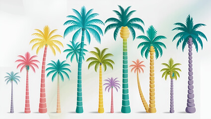 Obraz premium Modern vector artwork of multi-colored palm trees in various sizes, set on a white background for creative tropical design use