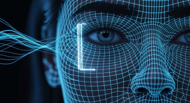 facial recognition technology scanning a human eye with a digital grid overlay, representing biometric security and artificial intelligence concepts