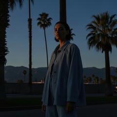 Young caucasian female at dusk with palm trees and mountains in background