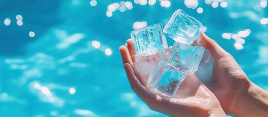 Cool Refreshment: Hands Holding Melting Ice Cubes on a Summer Day Near Water
