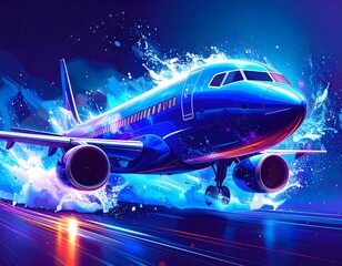 Fototapeta premium Futuristic Neon Airplane Close-Up. Abstract Aviation Concept Illustration