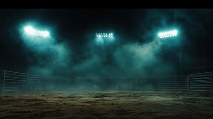 Fototapeta premium Empty rodeo arena at night with fog and lights.
