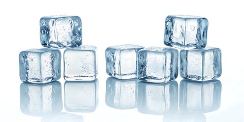 Collection of transparent ice cubes with natural reflections, isolated on clean white background for chill-themed visuals.