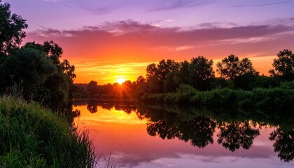 Obraz premium Vivid sunset over river