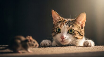 curious cat with wide green eyes observing a small mouse in a close-up, low-angle shot