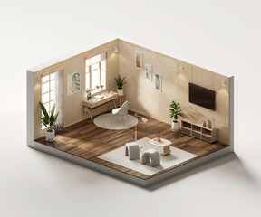Isometric view living room cozy style open inside interior architecture 3d rendering	
