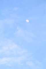 Sky Moon View: A serene skyscape with a half moon softly shining amidst a sky adorned with gentle clouds.