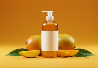 Mango-Themed Cosmetic Bottle with Leaves on Isolated Yellow Surface