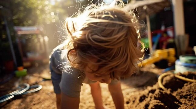 A mother films her toddler son playing in the backyard, creating a family UGC-style video. Handheld camera. Slow motion. 4K.
