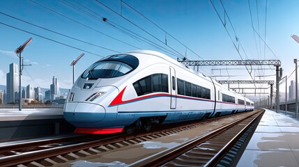 Fototapeta premium High speed train on tracks in cityscape