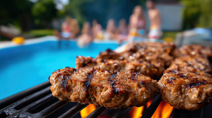 Close up of grilled meat skewers barbecue with blurred pool and people background outdoor summer scene warm and inviting atmosphere delicious food