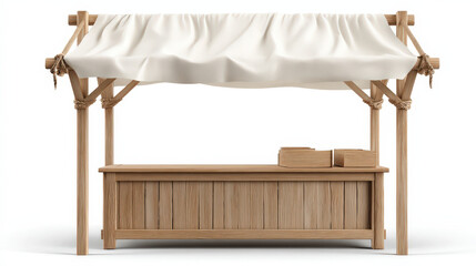 Wooden market stall with white canopy and storage box, ideal for outdoor markets or fairs, with simple and natural design, perfect for selling