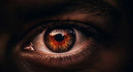 Naklejka premium Close-up of a person's eye featuring a striking red iris, highlighting intricate details and textures