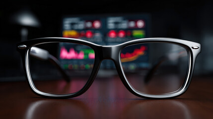Pair of eyeglasses with black and silver frame placed wooden surface with blurred stock market chart background, reflecting professional
