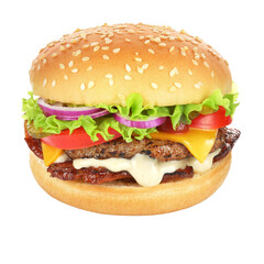 A hamburger with a cheeseburger on it and a green lettuce on the top