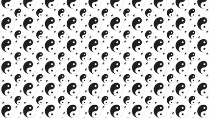 Seamless black and white yin yang pattern with varying sizes. Ideal for spiritual-themed backgrounds, meditation designs, textiles, wallpapers, and decorative art