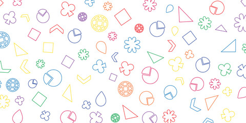 Colorful Geometric Shapes Seamless Pattern Featuring Icons Like Pie Charts, Triangles, Flowers, and Arrows, Ideal for Backgrounds, Education, Business, and Abstract Design.