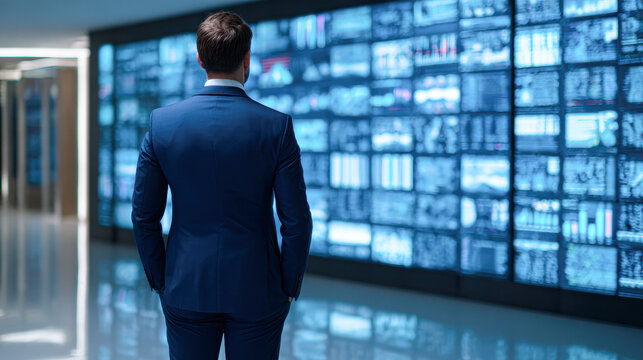 A businessman in a suit stands in front of multiple large digital screens displaying data and charts in a modern office environment.