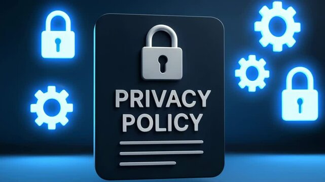 A dark tablet labeled privacy policy bears a silver padlock amid glowing gear icons. Concept of user data protection governance.