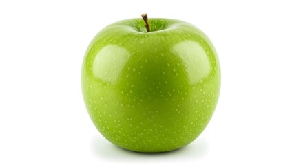 A single, ripe Granny Smith apple sits against a stark white background.  Its vibrant green skin gleams with a polished sheen.
