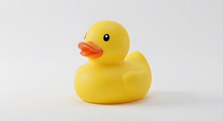 A bright yellow rubber duck toy with orange beak, isolated against a white background.