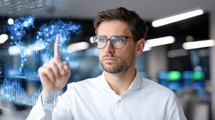 A man in glasses interacts with a digital holographic map and data visualization in a modern office environment.