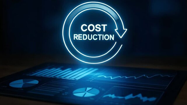 A circular arrow labeled cost reduction glows above a metric tablet display. Concept of financial efficiency optimization. - Powered by Adobe