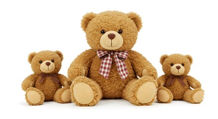 Obraz premium Three brown teddy bears sit together on a white background, the largest bear wearing a red and white checkered bow.