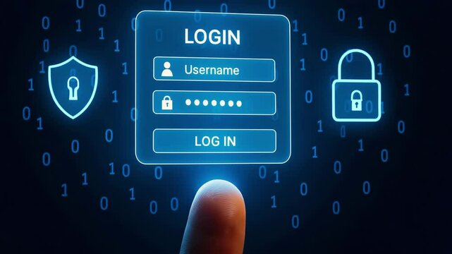 A fingertip touches a floating login box showing hidden password dots on binary rain. Concept of secure credential verification.