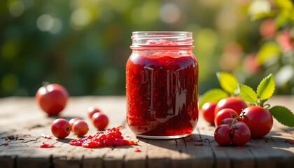 Red Jam in Glass Jar on Rustic Wooden Table Outdoors – Natural Food Concept