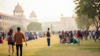 Blurred background of Indian campus event with groups of students participating in activities
