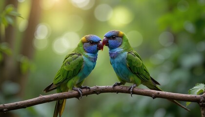 Obraz premium Two green lovebirds sitting close together on tree branch in bright green forest bokeh light
