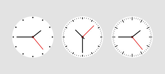 Three vector clock face designs with hour, minute, and second hands. Time concept for deadline and planning.