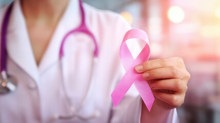 The healthcare professional holding a pink ribbon in support of breast cancer awareness.