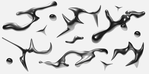 Liquid chrome. Abstract metal Y2k shapes. Silver fluid hologram. Mercury star. Holographic aesthetic figures. Amorphous metallic texture. Asymmetric forms. Vector 3D melt blots set