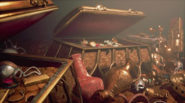 Ancient chests overflowing with glittering gold, jewels, and artifacts reveal the riches hidden within a secret dungeon.