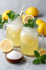 Fototapeta premium Refreshing lemon drink with mint in mason jars on kitchen counter with lemons, refreshing summer concept.