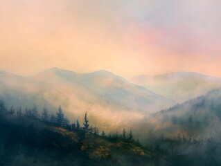 Serene mountain scene with soft sunlight filtering through morning mist, pastel tones of salmon, beige, and lavender smooth matte texture.
