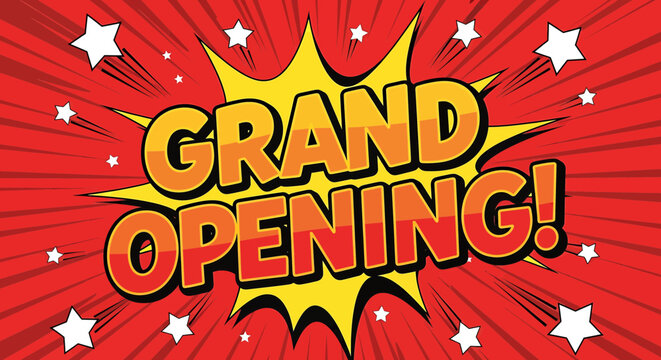 Grand Opening text bursts on a red background, celebrating a new business with a comic book style, for a promotional advertisement.