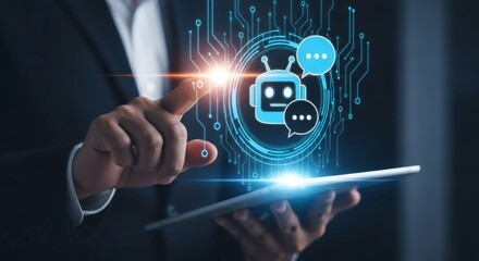 businessman interacting with ai chatbot interface on virtual screen, showcasing artificial intelligence, digital customer service, and futuristic technology in business communication and support