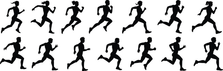 Running silhouette vector pack, male and female runners, fitness motion poses, jogging illustration, black silhouette figures, athletic movement design flat vector illustration