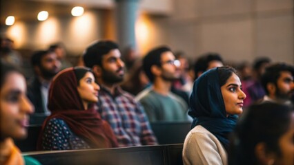 Soft focus campus seminar with Indian attendees seated in rows under dim lighting
