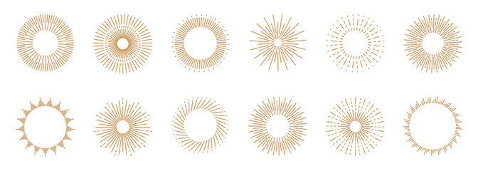 Sun rays. Line circle golden sunbeam, abstract radial sunshine light or art burst. Sunlight, sunburst shine. Round vintage drawing. Frame decorative, outline graphic isolated vector icons