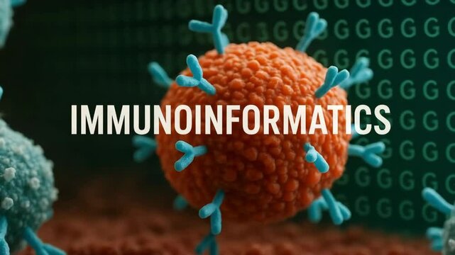 Spiky 3d like viruses rotate beneath the text immunoinformatics on a coded backdrop. Concept of data-driven vaccine discovery.