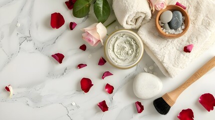 Minimalist top view of spa essentials clay mask jars, massage stones, and facial brush arranged on white towels with scattered rose petals.copy space.