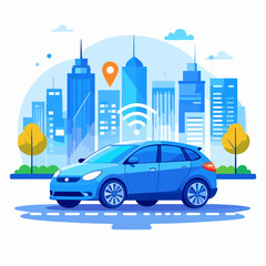 Blue Autonomous Car Navigating City Streets with High Rise Buildings and Yellow Trees Under Cloudy Sky Daytime Urban Scene