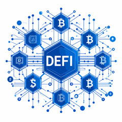 Obraz premium Blue Defi Decentralized Finance Hexagonal Network Diagram with Cryptocurrency Icons on White Background