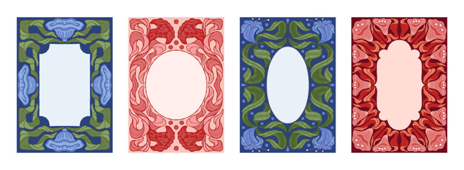 Fototapeta premium Ornament border. Floral frame, cover with retro pattern or old antique luxury leaves poster. Classic art summer invitation. Card or poster template design in bohemian style vector illustration