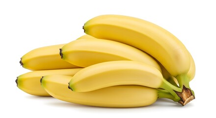 A bunch of ripe yellow bananas are stacked on a white surface, showcasing their smooth texture and curved shape.